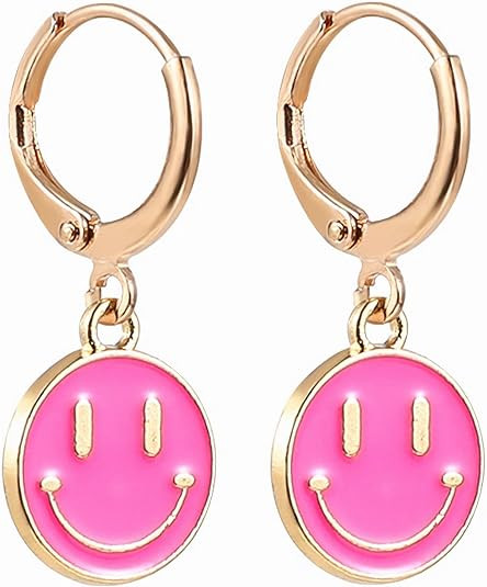 Smiley Face Earrings Huggie Hoop Y2K Preppy Happy Lightning Bolt Heart Star Small Dangle Colorful... | Amazon (US)