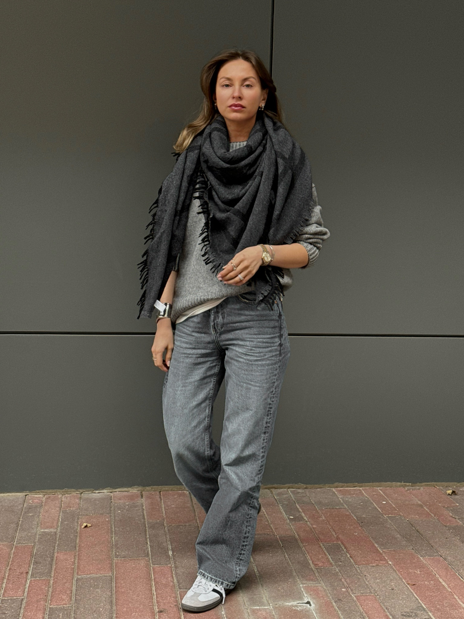 All gray outfit with oversized Toteme scarf and the row sweater