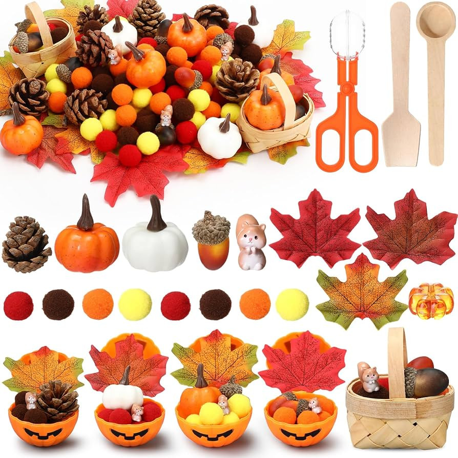 320 Pcs Fine Motor Toys Fall Thanksgiving Decorations, Sensory Bin Filler, Pumpkin Bowls, Woven B... | Amazon (US)