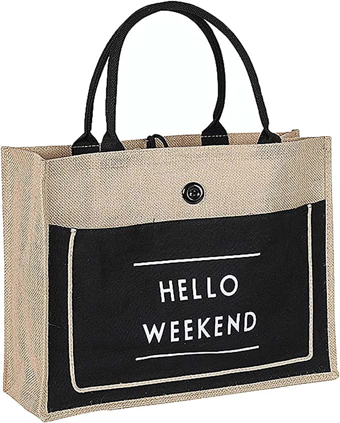 Fibrdoo Jute Beach Bag for Women, Reusable Beach Tote Bag, Grocery Shopping Bag | Amazon (US)