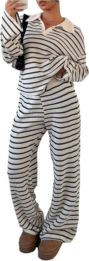 MakeMeChic Striped Lounge Set 2 Piece Sweater Sets for Women Going Out Travel Outfit | Amazon (US)