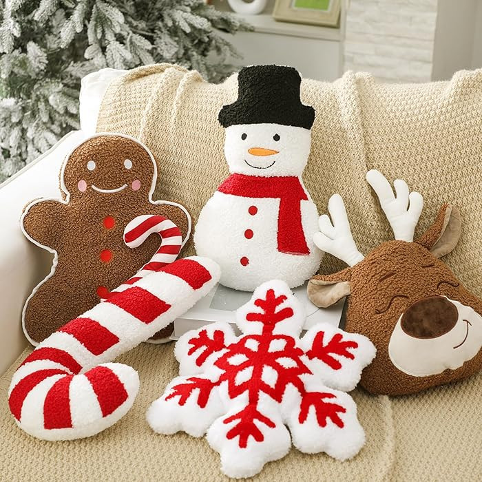 5 Pcs Christmas Throw Pillows Xmas Tree Gingerbread Man Snowflake Pillows Red White Stripe Candy ... | Amazon (US)
