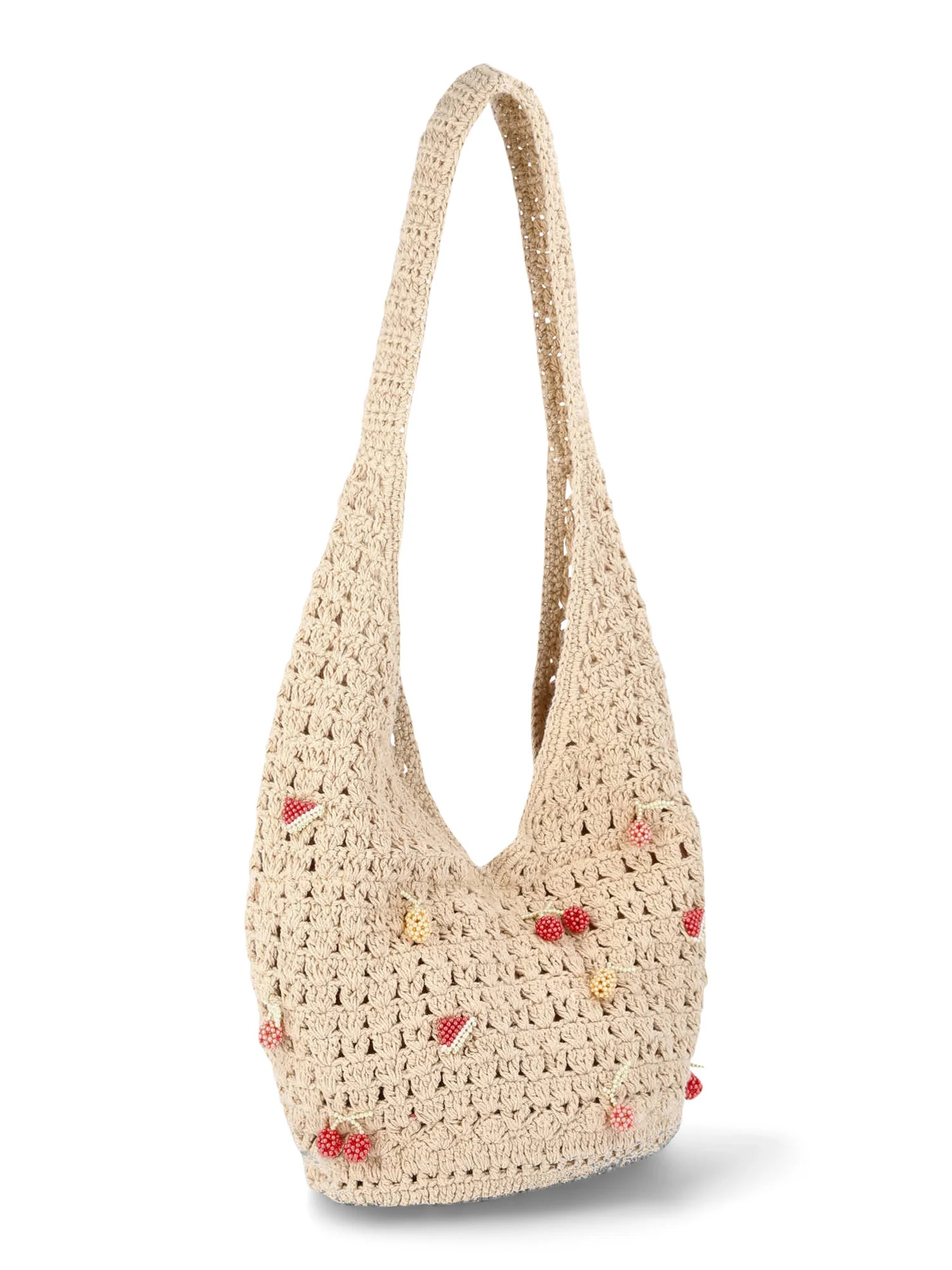 No Boundaries Festival Crochet Hobo Bag, Natural Beaded Fruit, Women's | Walmart (US)