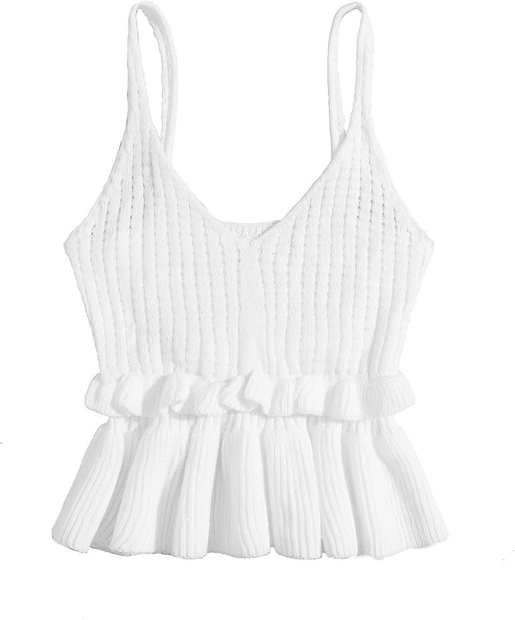 SweatyRocks Women's Casual Knit Top Sleeveless Ruffle Hem V Neck Peplum Crop Tank Top | Amazon (US)