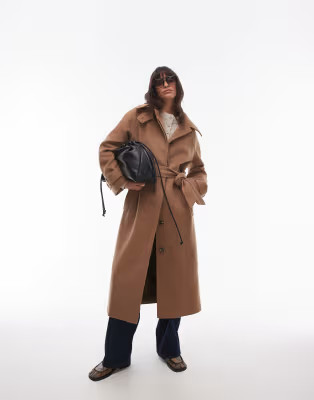Topshop tab belted car coat twill in camel | ASOS (Global)