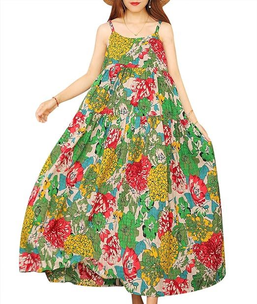 YESNO Women Casual Loose Bohemian Floral Print Empire Waist Spaghetti Strap Long Maxi Summer Beac... | Amazon (US)