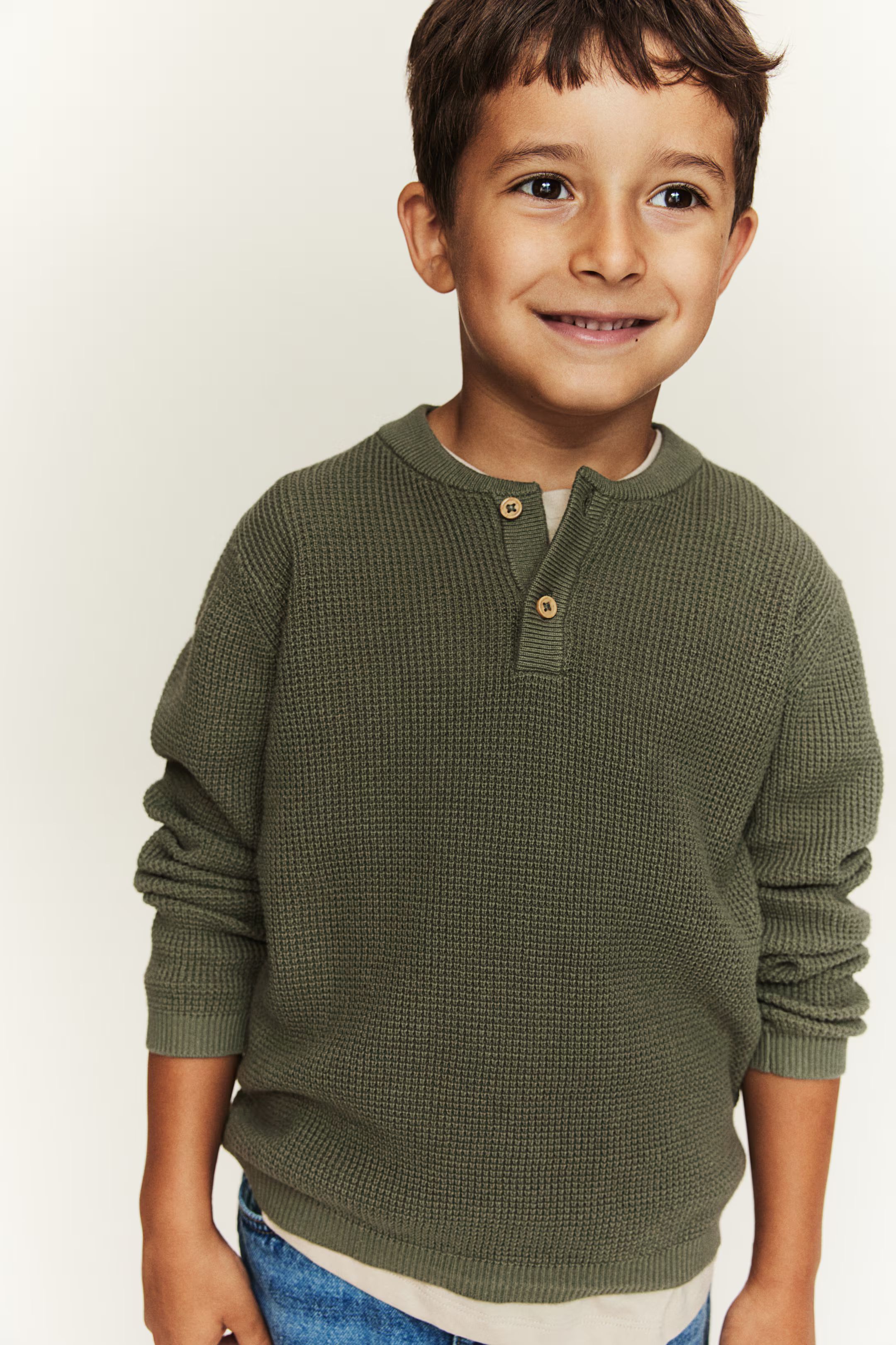 Waffle-knit Henley Sweater - Round Neck - Long sleeve - Khaki green - Kids | H&M US | H&M (US + CA)