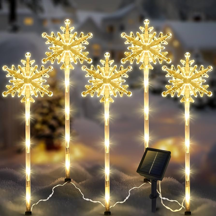 5 Pcs Acrylic Snowflake Christmas Solar Pathway Stakes Lights Outdoor Waterproof, 8 Modes Solar C... | Amazon (US)