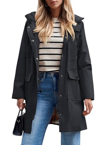 SaphiRose Women's Waterproof Rain Jacket Lightweight Raincoat Hooded Windbreaker Trench Coat (Black,Large) | Amazon (US)