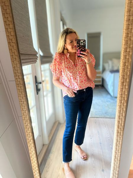 Such a fun floral top from Avara! Jeans are restocked too, sale fast though. Wearing a size small top and jeans are a 27. Use code FANCY15 to save 15% off the whole look! Shoes too!

#LTKshoecrush #LTKsalealert #LTKFind
