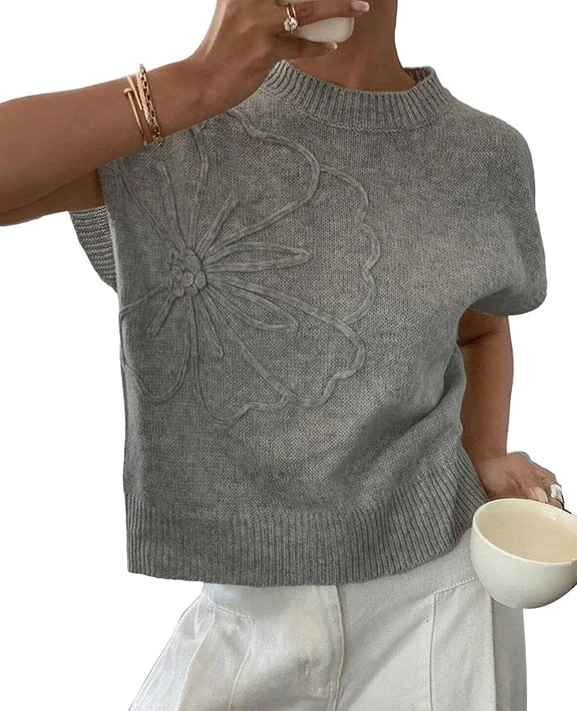 Women Casual Sweater Vest Summer Cap Sleeve Ribbed Pullover Tank Tops Trendy Floral Knitwear Cute... | Amazon (US)