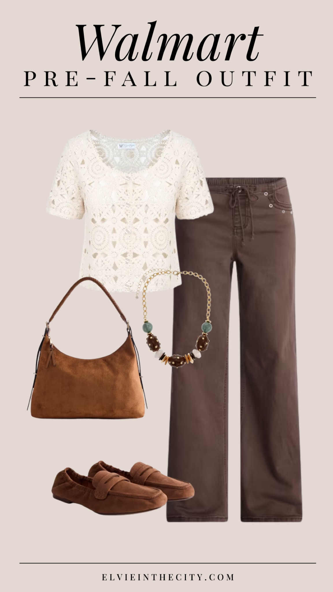 This pre-fall outfit from Walmart includes a short sleeve crochet top, drawstring wide-leg jeans with grommet detail, a statement beaded necklace, a shoulder bag, and faux leather scrunch loafers. 

Ootd, fashion over 40, over 50 style,  fall outfit idea 

#LTKPetite #LTKootd #LTKOver40