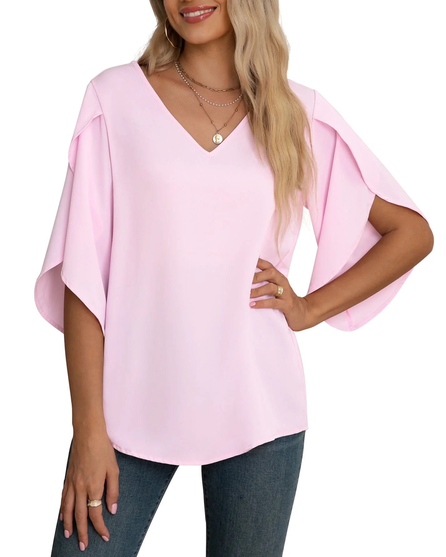 Asklazy Women's Fall Casual 3/4 Ruffled Sleeve Chiffon Blouse Tops for Women - Walmart.com | Walmart (US)