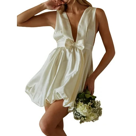 Suagox Women s Mini Babydoll Dress Deep V Neck Sleeveless Back Tie Up Solid Color Bubble Dress for Party Club Wedding Night | Walmart (US)