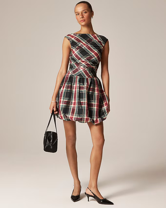 Ruched bubble-hem dress in Stewart tartan taffeta | J. Crew US