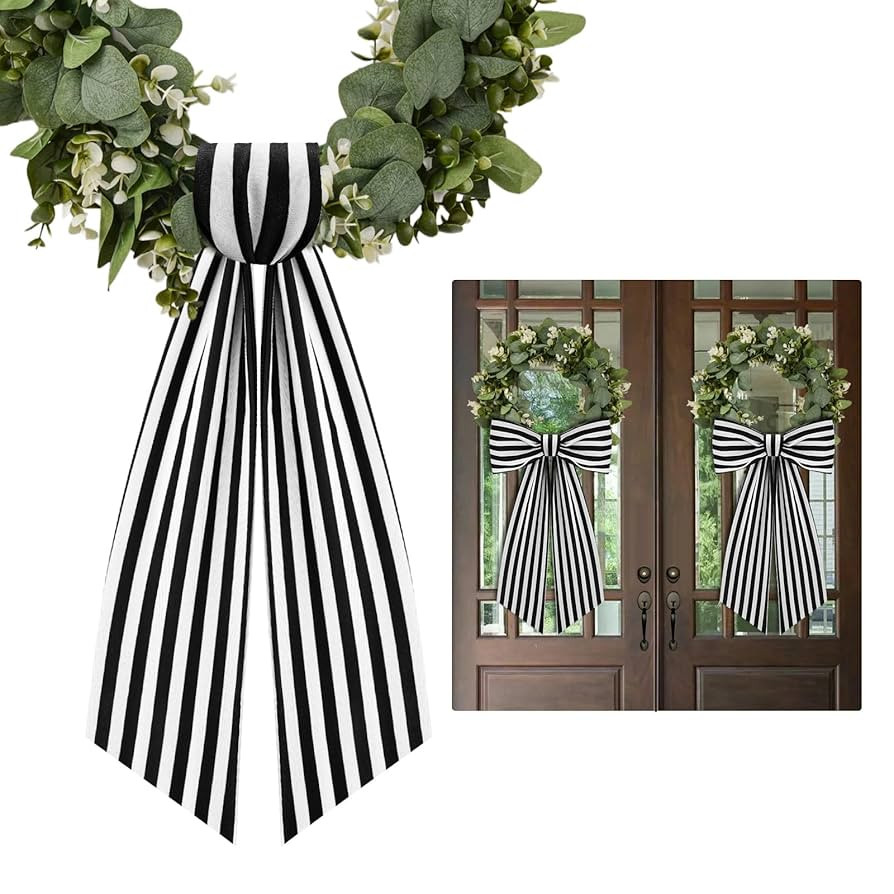 2 Pack Boxwood Wreath Sash Garland for Front Door Porch Decor (Black and White Stripe) | Amazon (US)