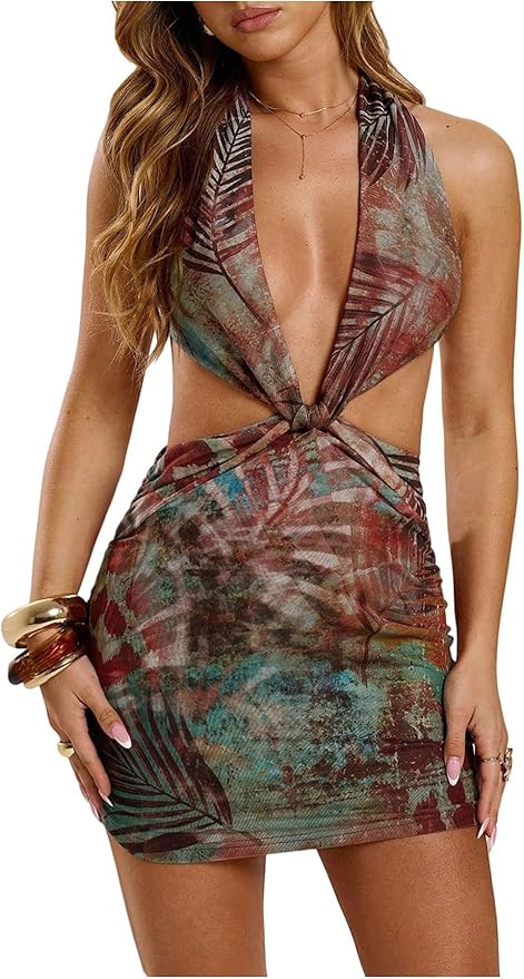 WDIRARA Women's Tropical Cut Out Halter Dress Deep V Neck Backless Bodycon Mini Dresses | Amazon (US)