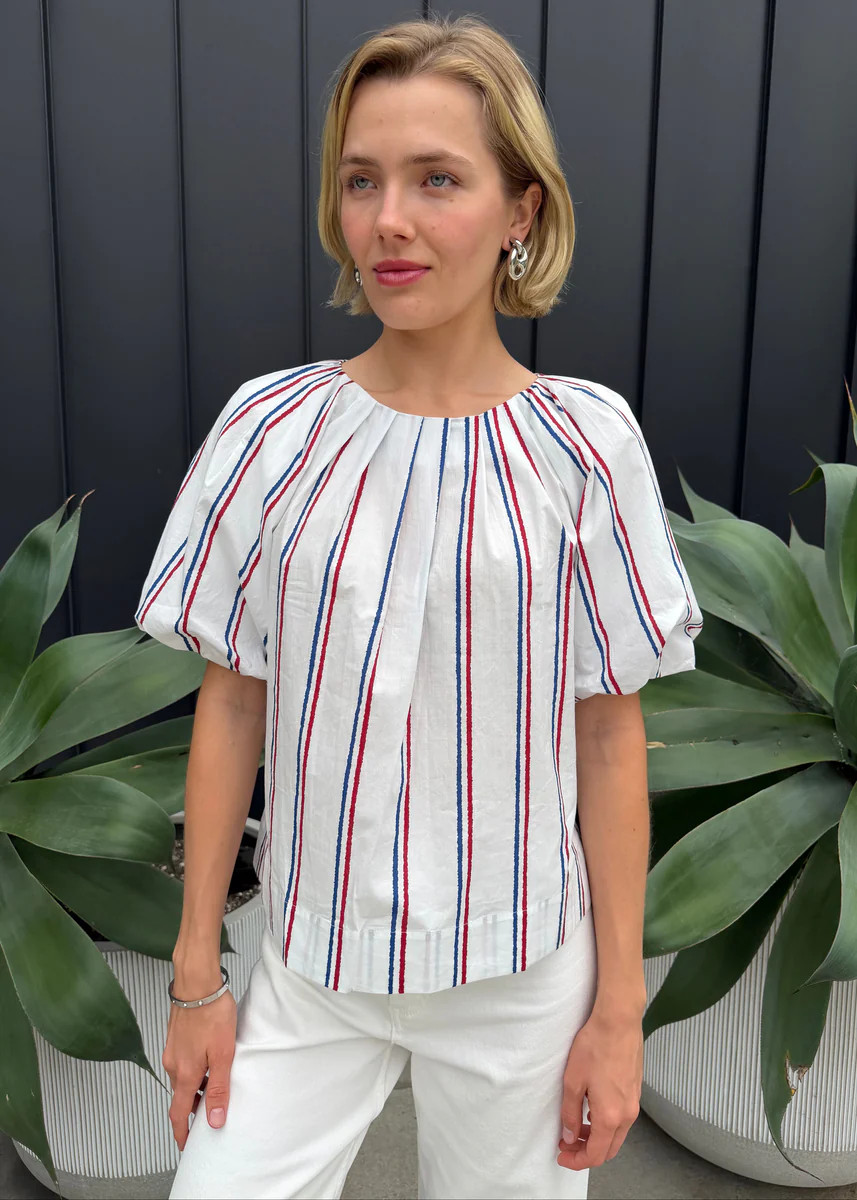 Liberty Puffed Sleeve Blue and Red Striped Top | Benaar La