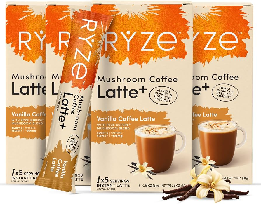 RYZE Mushroom Coffee Latte+ Vanilla Coffee Latte, 20 Servings | Amazon (US)