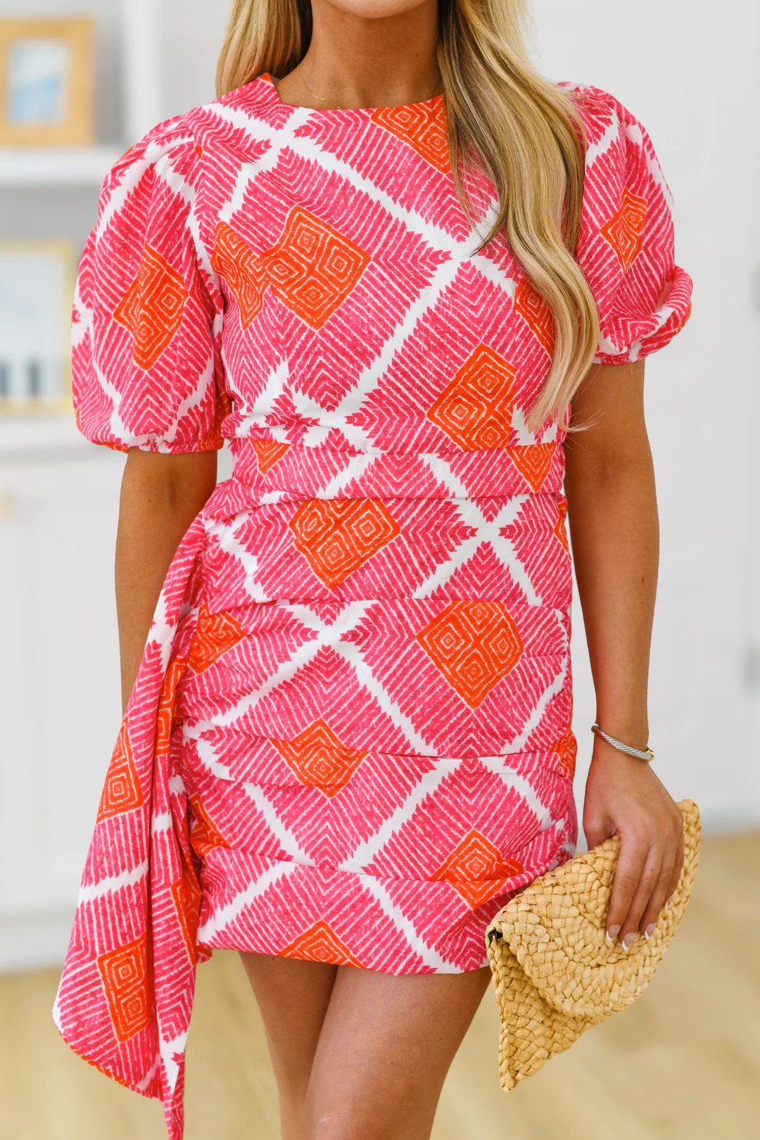 Logan Puff Sleeve Mini Dress - Pink/Orange | Fancyd Boutiqe