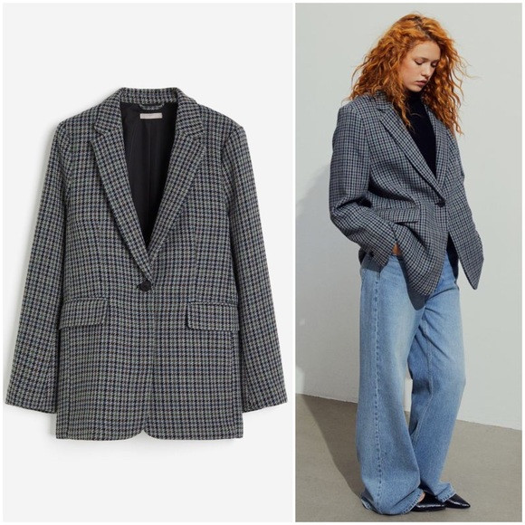 Gray/Blue Houndstooth Patterned Single Breasted Blazer | Poshmark