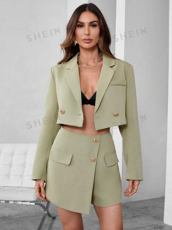 SHEIN BIZwear Women's Double Breasted Long Sleeve Suit Jacket And Skirt/Pants Set | SHEIN