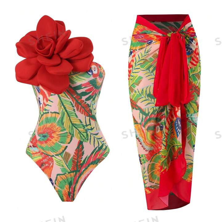 New Arrival Tropical Printed Large 3d Flower One-Piece Swimsuit With Cover-Up Dress For Hot Sprin... | SHEIN