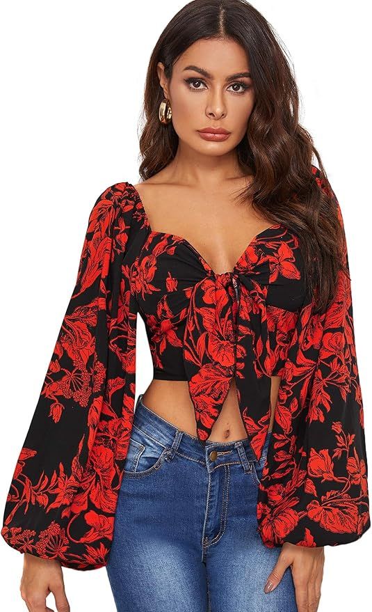 Romwe Women's Floral Print Lantern Long Sleeve Sweetheart Tie Knot Front Shirred Crop Blouse Tops | Amazon (US)