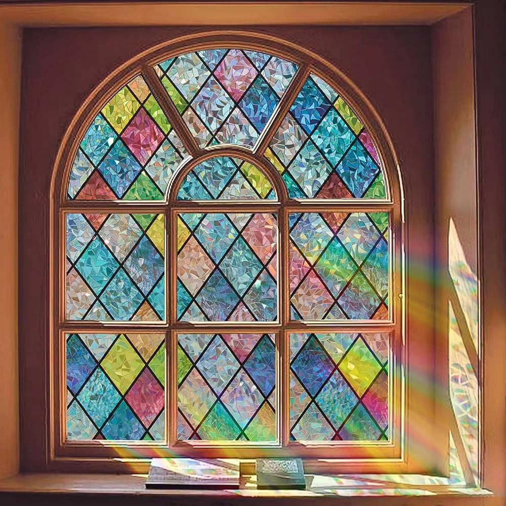 Window Privacy Film, Static Cling Stained Glass Window Film Decorative, Non-Adhesive 3D Rainbow F... | Amazon (US)