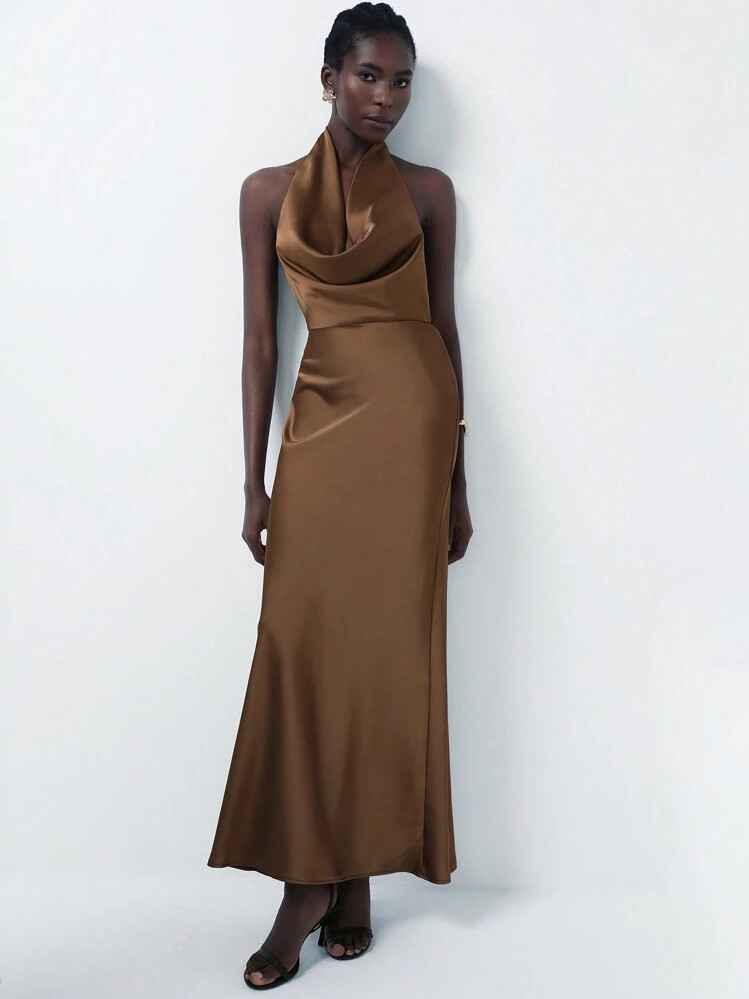 Aveloria Modichic Elegant Satin Plunging Backless Dress, Brown Color, Suitable For Party | SHEIN