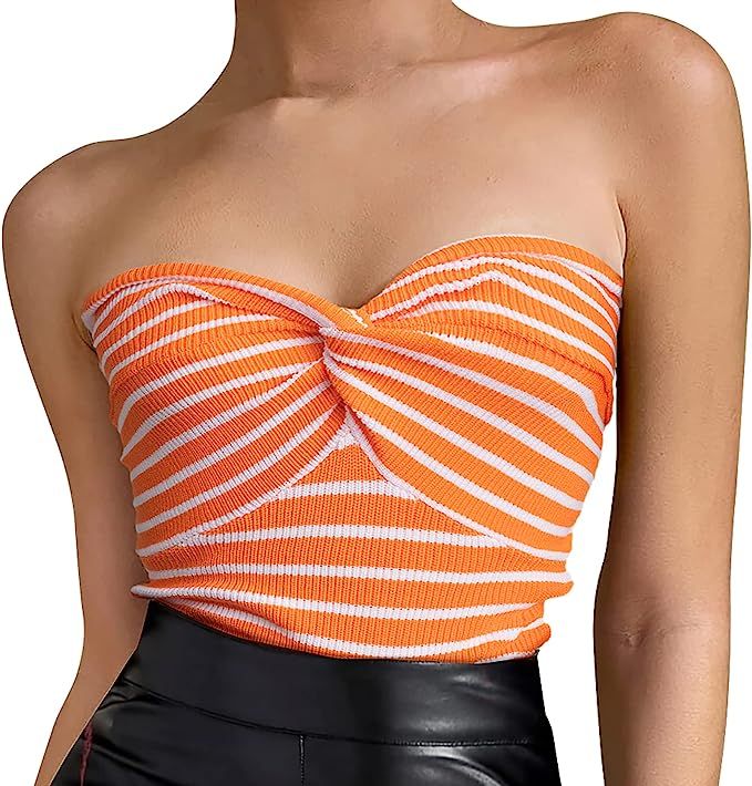 Women's Sexy Crop Tops Strapless Twisted Front Ribbed Knit Tube Top Sleeveless Sweetheart Neck Y2... | Amazon (US)