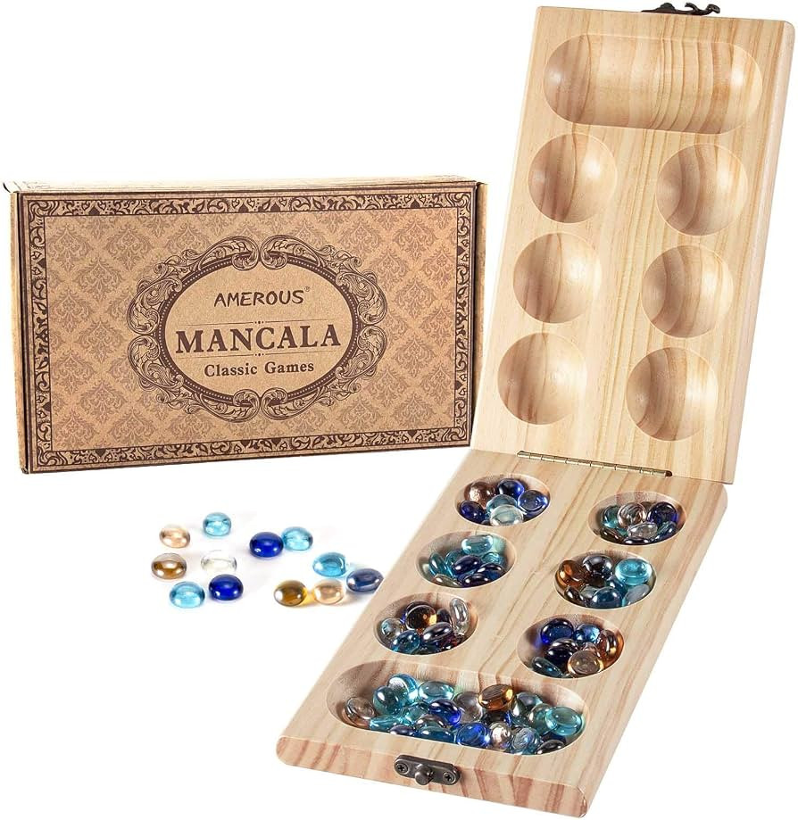 AMEROUS Wooden Mancala Board Game Set - Folding Board - 72+8 Bonus Multi Color Glass Stones - Gif... | Amazon (US)