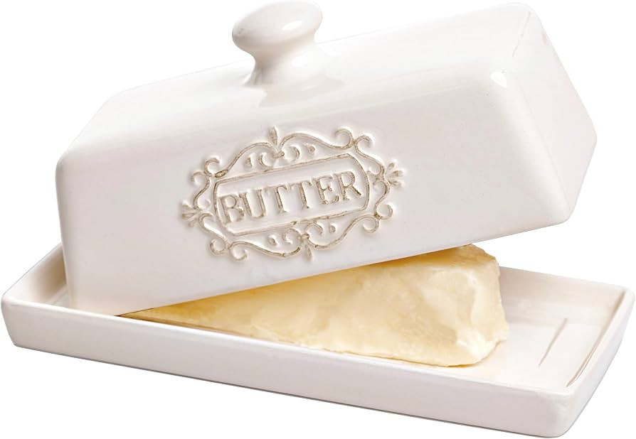 Covered Butter Dish with Lid - Elegant Engraved Butter Holder with Lid - Ceramic Butter Stick Hol... | Amazon (US)