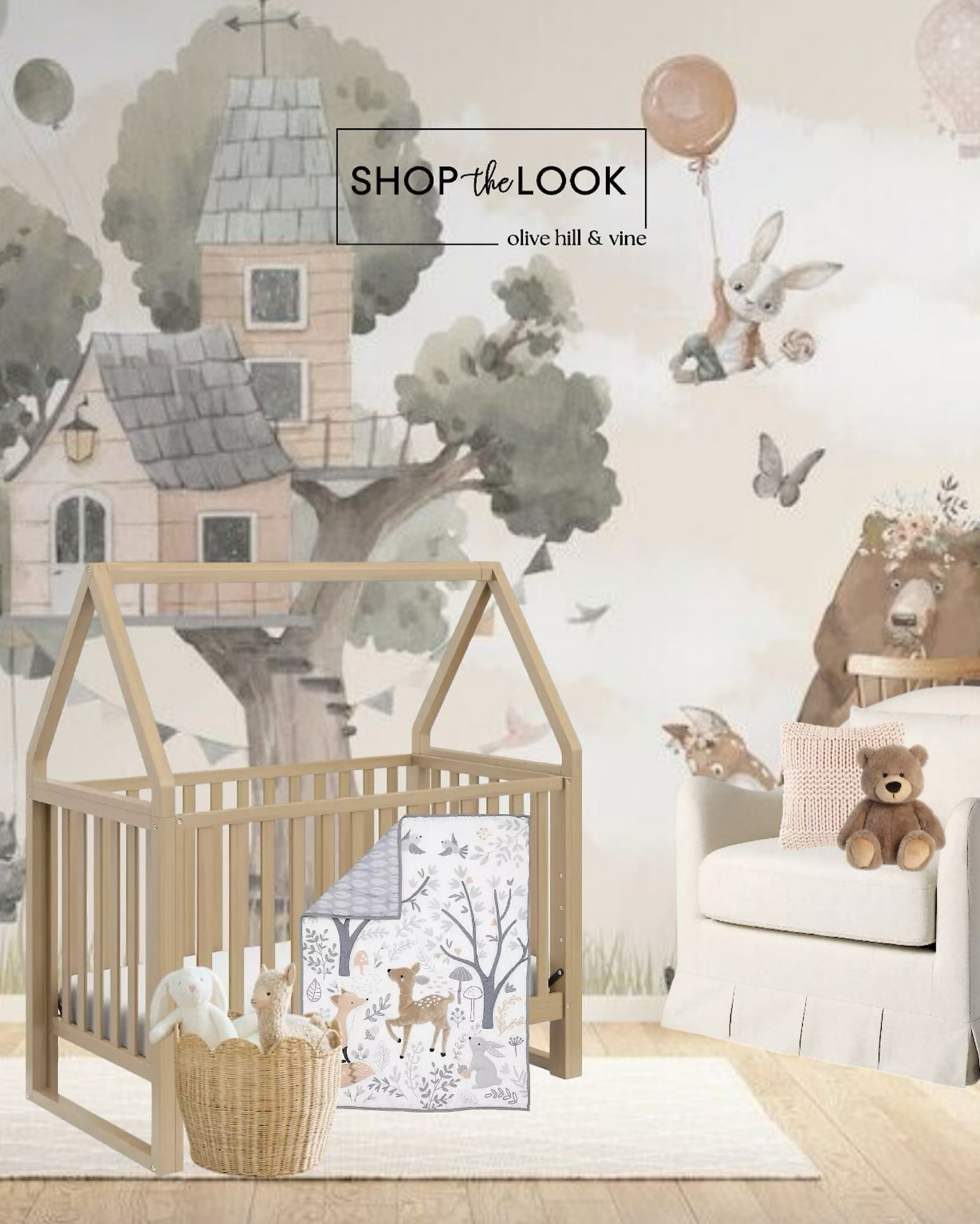 How sweet is this treehouse-themed girl’s nursery? The convertible crib with a charming canopy top steals the show! Featuring a watercolor treehouse mural, forest friends bedding, a chunky knit pillow, scalloped storage bin, a plush bear, and that dreamy scalloped-arm chair! 

#LTKBump #LTKBaby #LTKHome