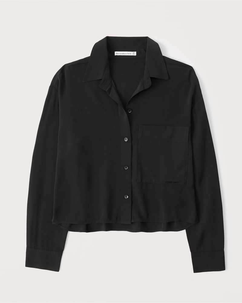Women's 90s Cropped Boxy Faux Silk Button-Up Shirt | Women's Tops | Abercrombie.com | Abercrombie & Fitch (US)
