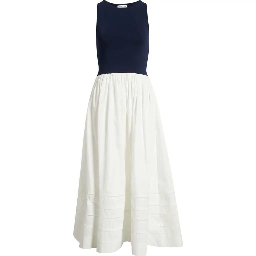 MOON RIVER Mixed Media Dress in Navy/Off White at Nordstrom, Size Medium | Nordstrom