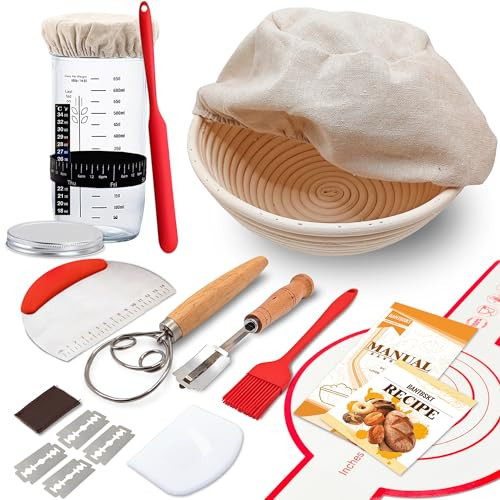 Complete Sourdough Starter Kit, Banneton Bread Proofing Basket with Glass Sourdough Starter Jar, Sourdough Bread Baking Supplies, 9'' Round Bread Proofing Basket, for Bread Making Baking Fermentation | Amazon (US)