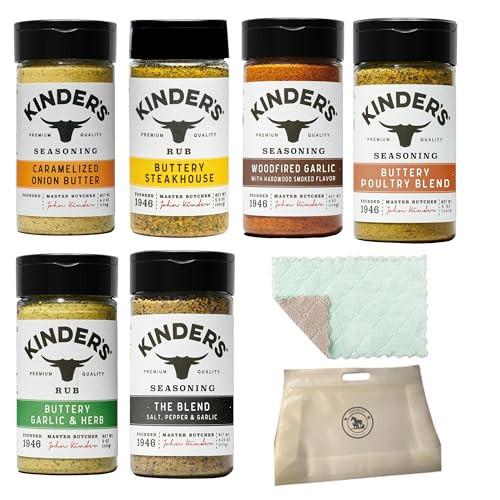 Kinders Seasoning Variety Pack - The Blend, Buttery Poultry Blend, Woodfired Garlic, Buttery Steakhouse,Caramelized Onion Butter, Buttery Garlic And Herb, Bundled With Food Pouch And Microfiber Wash Cloth By AMCIENT. | Amazon (US)