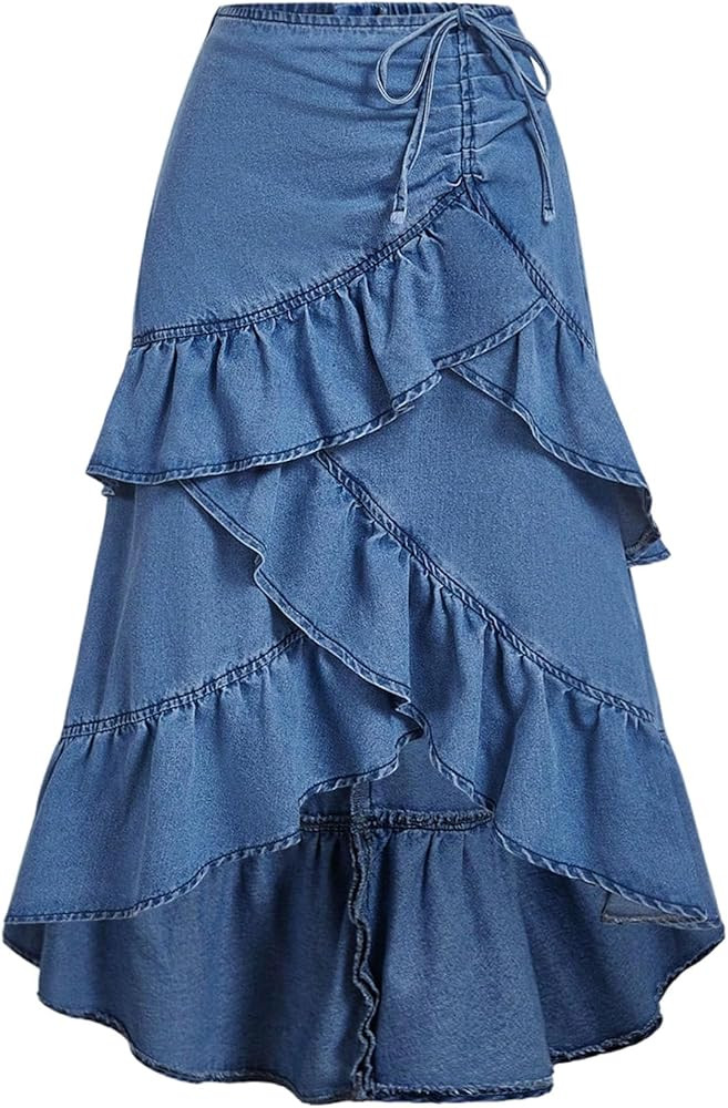 GORGLITTER Women's Asymmetrical Long Jean Skirt Ruched Tiered Ruffle High Waisted Boho Western Fa... | Amazon (US)