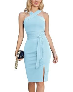 GRACE KARIN Women's Halter Neck Bodycon Dresses Summer Sleeveless Belted Slit Cocktail Midi Sheat... | Amazon (US)