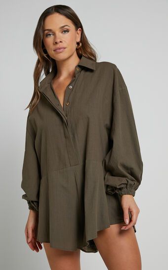 Anka Playsuit - Relaxed Button Front Shirt Playsuit in Khaki | Showpo (US, UK & Europe)