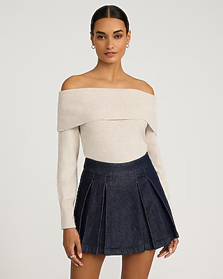 High Waisted Denim Pleated Mini Skort | Express