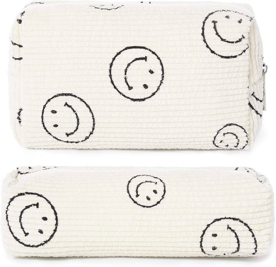 SOIDRAM 2 Pieces Smile Face Makeup Bag Cosmetic Bag for Women, Corduroy Makeup Pouch Travel Toile... | Amazon (US)