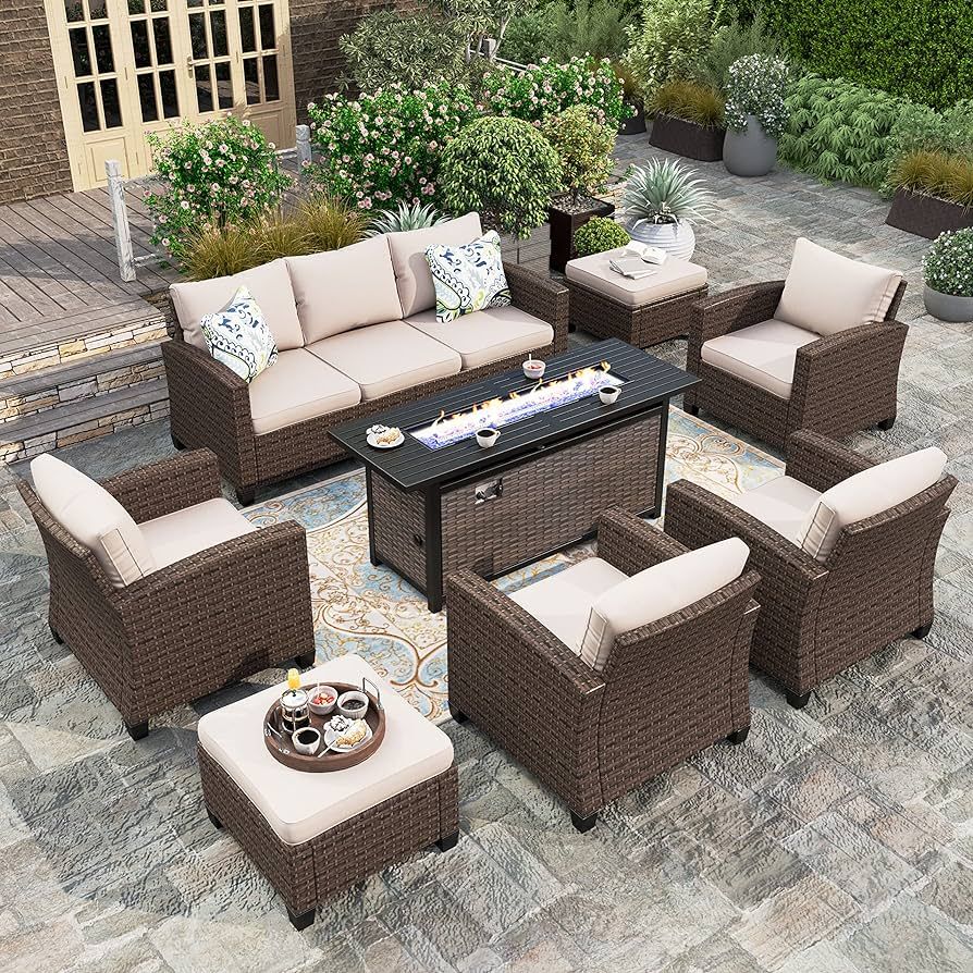 HERA'S HOUSE Patio Furniture Set with Fire Pit Table, 8 Pieces Outdoor Wicker Conversation Set, 4... | Amazon (US)