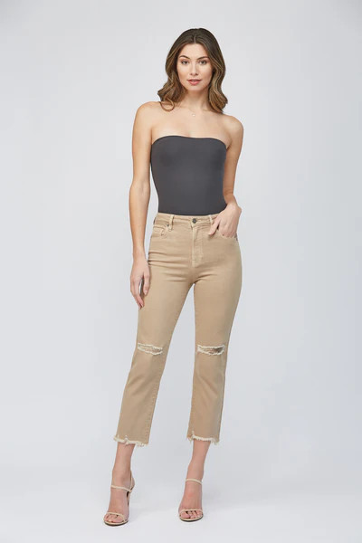 [TRACEY] KHAKI WASH STRETCH DISTRESSED 25" INSEAM CROPPED STRAIGHT | Hidden Jeans