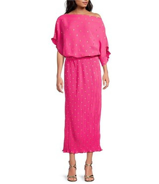 Never Fully Dressed Tilly Plisse Gold Fleck Print One Shoulder Neck Short Sleeve Maxi Dress | Dil... | Dillard's