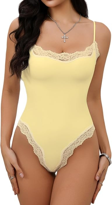 Square Neck Lace Body Suit Sleeveless Spaghetti Strap Tank Top | Amazon (US)