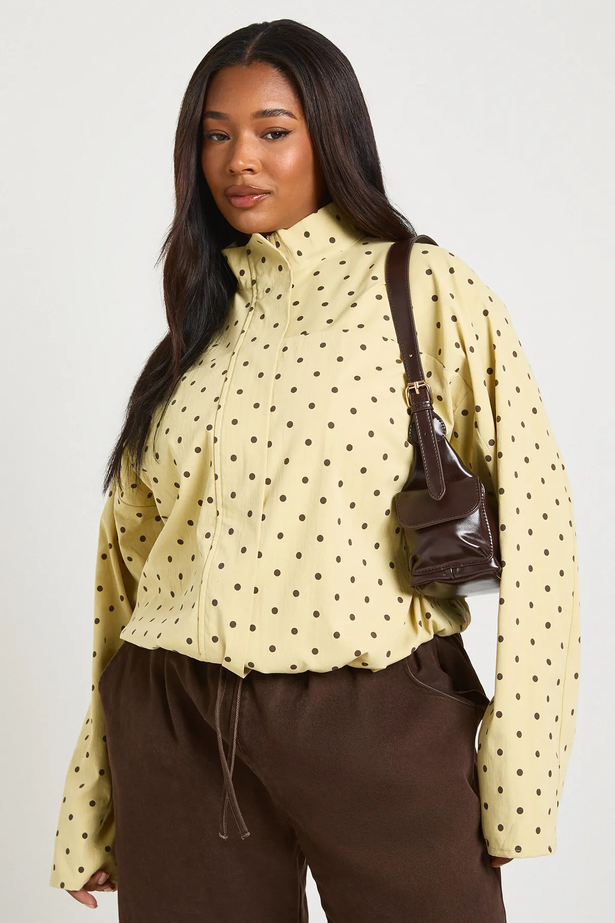 boohoo Women's Plus Funnel Neck Twill Polka Dot Zip Through in Lemon | Size: 24 | boohoo (US & Canada)