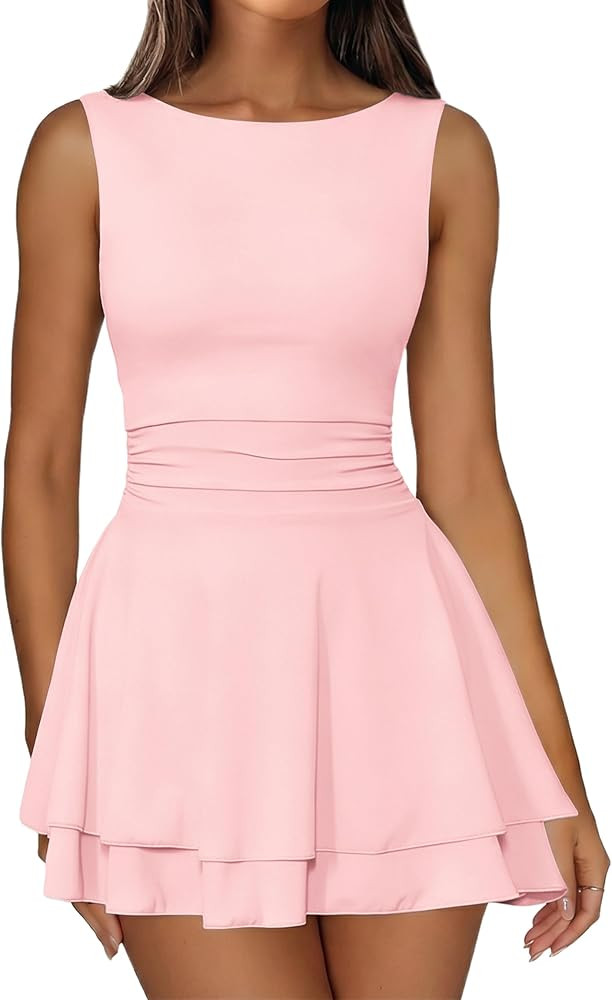 IWD Women's Boat Neck Sleeveless Mini Dress Ruched Waist Flowy Tiered Ruffle Hem A Line Party Sho... | Amazon (US)