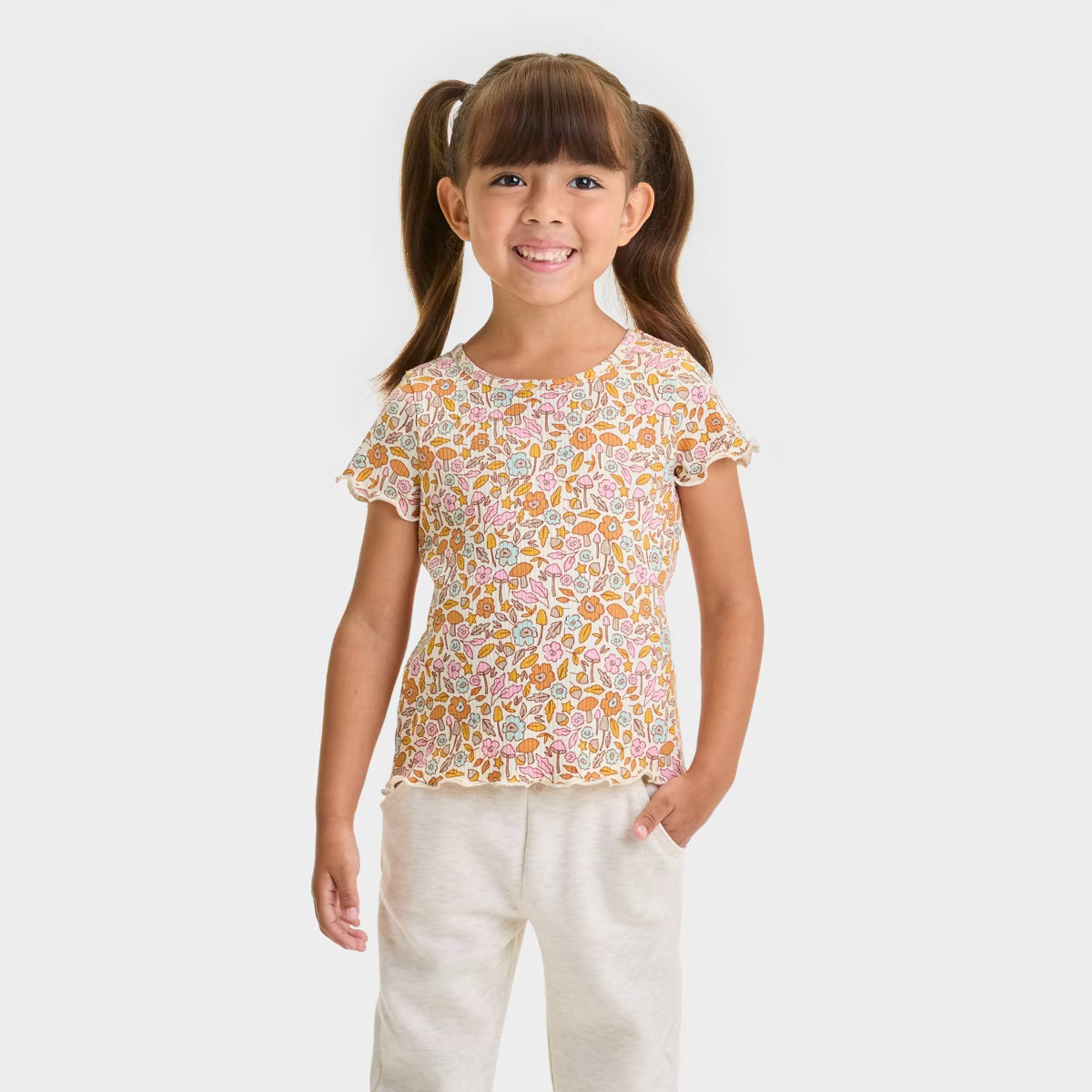 Toddler Girls' Floral Ribbed Short Sleeve T-Shirt - Cat & Jack™ Cream | Target